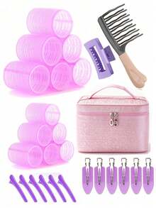 12 Pcs Rollers Hair Curlers , Large Medium Small Self Grip Hair Rollers With Rollers 12pcs Clips And 1 Cosmetic Bag And1pcWide Tooth Comb For Curls - Multicolor - View 10