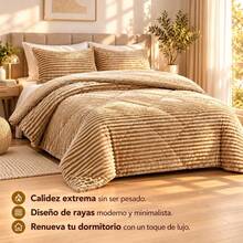 Striped Sherpa Comforter With Knitted Texture, Thick Soft Polyester Bedding Set, Thermal Quilt For Bedroom, Available In 220x240cm And 240x260cm - Dark Khaki - View 4