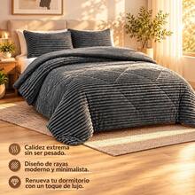 Striped Sherpa Comforter With Knitted Texture, Thick Soft Polyester Bedding Set, Thermal Quilt For Bedroom, Available In 220x240cm And 240x260cm - Dark Gray - View 7