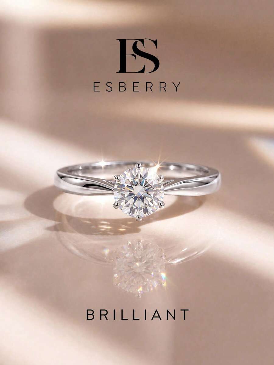 ESBERRY 1pc Moissanite Ring Classic Style 0.5ct 6-Prong Setting Band Suitable For Women Engagement And Daily Wear