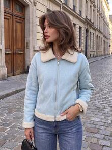 Women's Lapel Lamb Wool Jacket, Autumn/Winter Zipper Warm Fur-Lined Coat - Blue - View 1