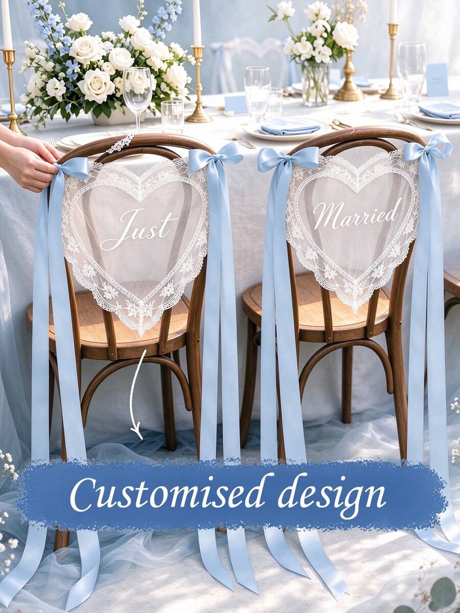 Personalized Newlywed Chair Back Hanging Sign - Bride & Groom Wedding Reception Decor, Heart-Shaped Lace Chair Back Sign, Sweet Table Decor Sign - Multi-color Heart Lace Seat Tag - View 1