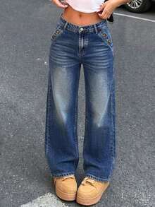 Women's Casual Straight Leg Jeans With Button And Zipper Details, Long Non-Stretch Fabric, Suitable For Daily Fashion Wear - Dark Wash - View 2