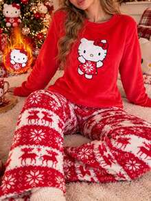 SANRIO Women's Long Sleeve Top & Long Pants 2 Pieces Set, Home Loungewear With 3D Applique Embroidery, Fashionable Fleece, Warm And Cozy For Autumn/Winter - Red - View 3
