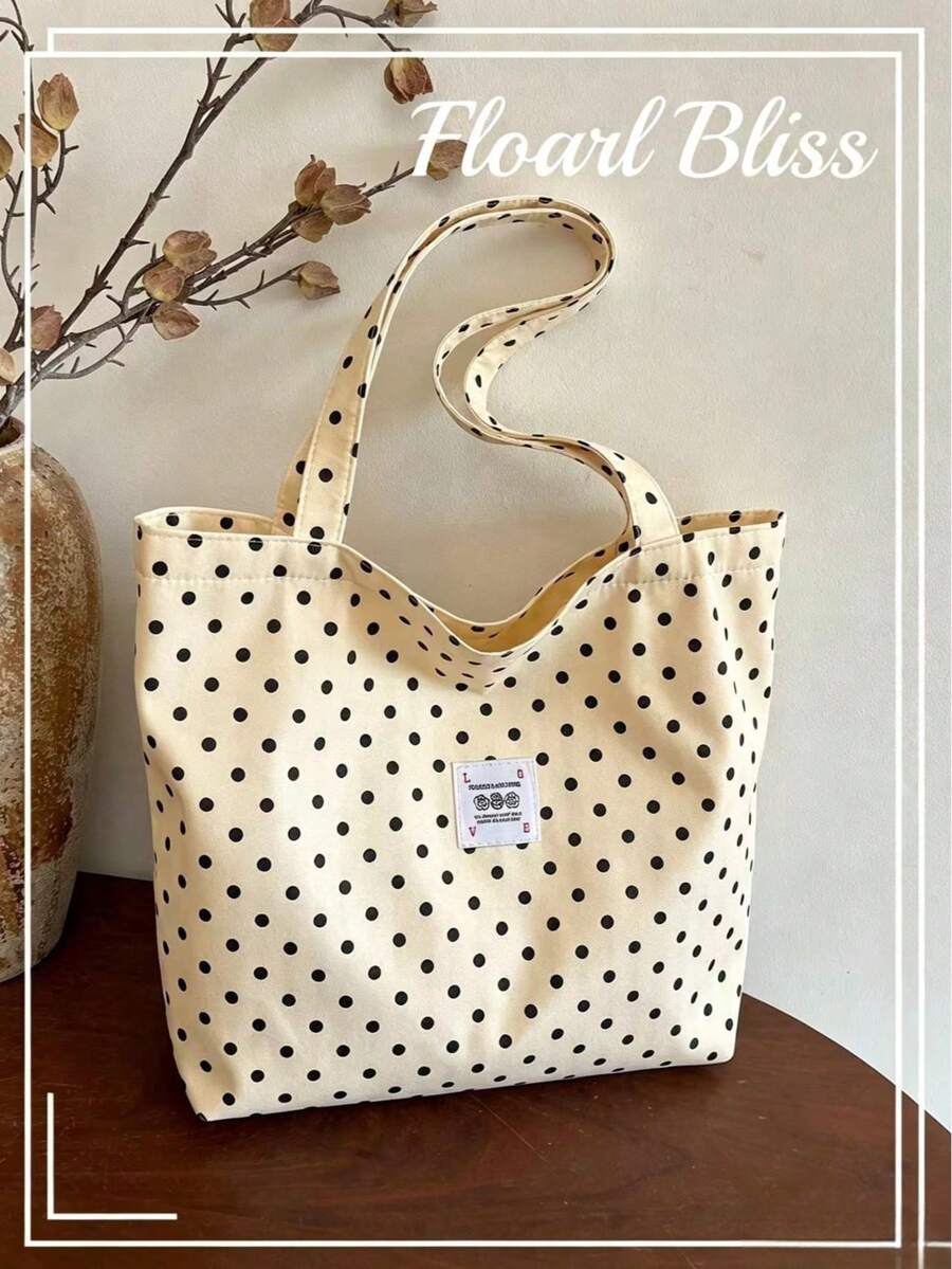 Korean Style Minimalist Polka Dot Shoulder Bag, Slouchy Student Commuter Large Capacity Tote Bag - White - View 1
