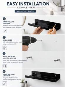 Black Wall-Mounted Bathroom Storage Rack Set, Plastic Floating Organizer Shelf For Skincare And Cosmetics, Space-Saving Bathroom Wall Storage Organizer, Minimalist Modern Home Decor - Multiple Styles - View 9