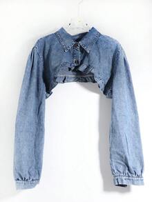1pc Women's Sweet & Cool Floral Textured Washed Distressed Shawl Waist-Exposing Ruffle Hem Shirt-Style Cardigan Cape - Solid Color Raglan Denim - View 6