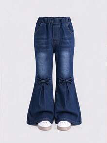 2pcs/Set Girls Toddler Casual Style 3D Bow Soft Comfortable Denim Flare Pants Suitable For Outdoor Wear Spring/Summer - Blue - View 4