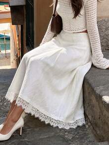 Aflion Elegant White Mid-Length Dress For Women, Woven Fabric With Exquisite Lace Trim, Perfect For Summer Occasions - White - View 8
