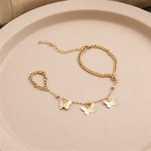 1pc Random Creative Cute Butterfly Decor Finger Chain Bracelet Ring Set, Lovely Girls Birthday Party Gift - Yellow Gold - View 2