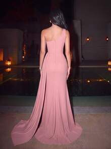 ADYCE Elegant One-Shoulder Cinched Waist Backless Slim Fit High Slit Train Evening Gown, Suitable For Date Night, Birthday Party, Prom, Homecoming, Wedding Guest, Formal Dinner, Christmas - Watermelon Pink - View 5