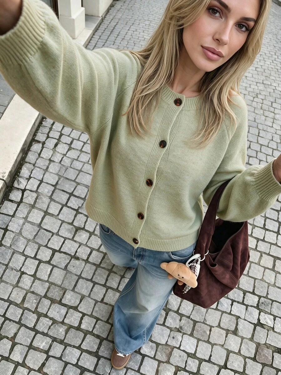 Nicenter Women's Elegant Fashionable Olive Green Round Neck Long Sleeve Knit Cardigan Sweater, Winter Clothing, Christmas Sweater, Casual Wear - Lime Green - View 1