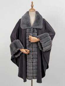 1pc Solid Color Fur Collar Loose Knit Cardigan Shawl Cape Outerwear - Multicolor - View 8