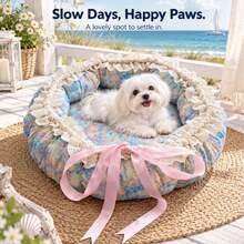 1pc Single Nest Design, Soft & Comfortable, Fabric Material, Blue Floral Pattern Cat Bed, Pastoral Style, Sweet Style, Blue Floral, Round Nest Body, Cream Lace Trim, Pink Bow, Long Ribbon Decoration, Wrapped Edge, Soft Cushion Design, Daily Rest, Home Sleep, Pet Cat Bed, Suitable For Spring, Suitable For Summer, Suitable For Autumn, Suitable For Winter, Four Seasons Home, Living Room Placement, Bedroom Corner, Window Side Nap - Multicolor - View 3