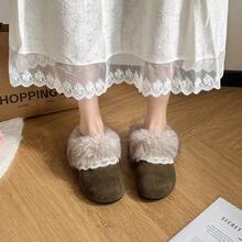 Premium Suede Women's Furry Mule Slippers, Luxurious Fluffy Fur Trim With Delicate Lace, Slip-On Backless Warm Winter House & Outdoor Slides - Dark Green - View 3