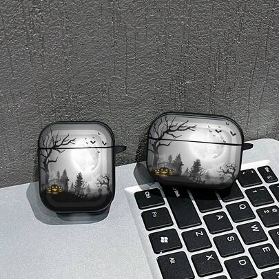 1PC Halloween Foggy Castle Pumpkin Lantern Print Earphone Protective Case, Compatible With /2, AirPods3, AirPods4, AirPods5, AirPodsPro, AirPodsPro3, Full Coverage Anti-Drop Soft Shell With Hanging Hook
