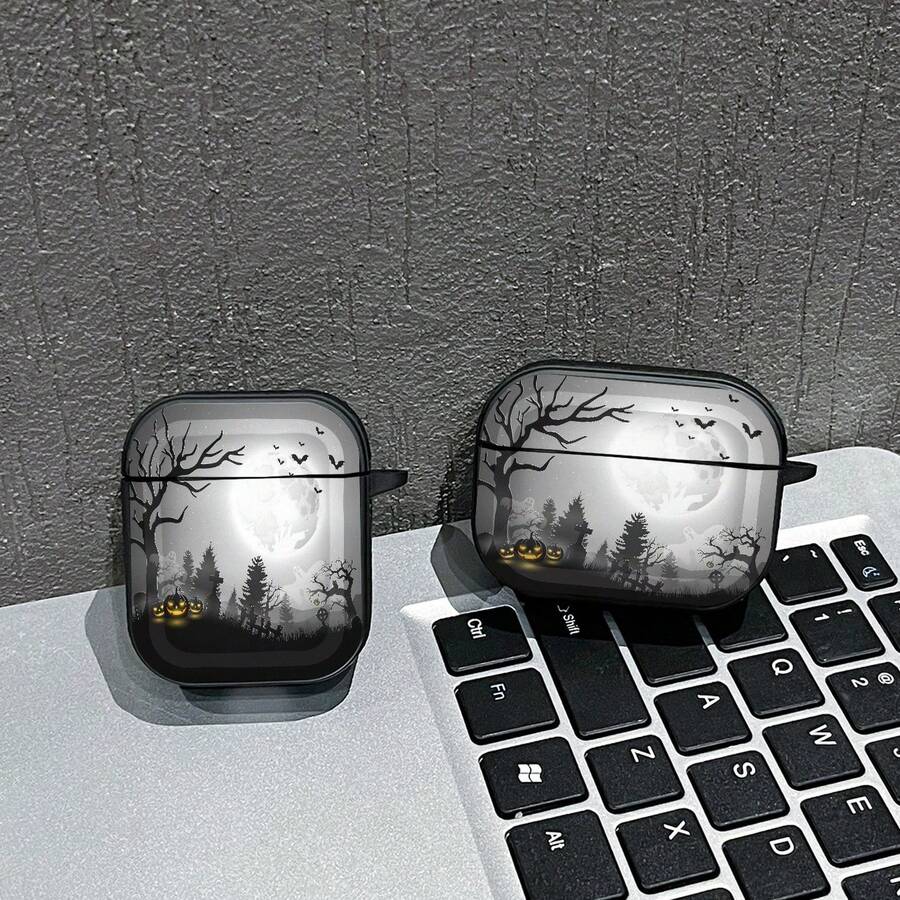1PC Halloween Foggy Castle Pumpkin Lantern Print Earphone Protective Case, Compatible With /2, AirPods3, AirPods4, AirPods5, AirPodsPro, AirPodsPro3, Full Coverage Anti-Drop Soft Shell With Hanging Hook - Black - View 1