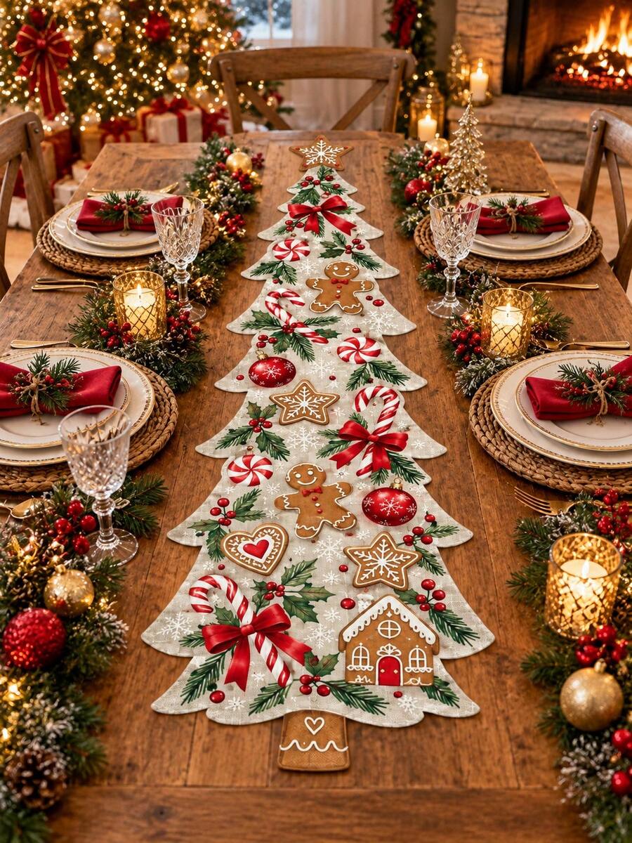 1pc Gingerbread Christmas Tree Linen Table Runner, Cute Gingerbread Man Candy Cane Peppermint Snowflake Print, Irregular Tree Shaped Dining Table Runner, Festive Farmhouse Kitchen Decor, Christmas Decorations For Home, Xmas Party, Holiday Table Decor - C - View 1