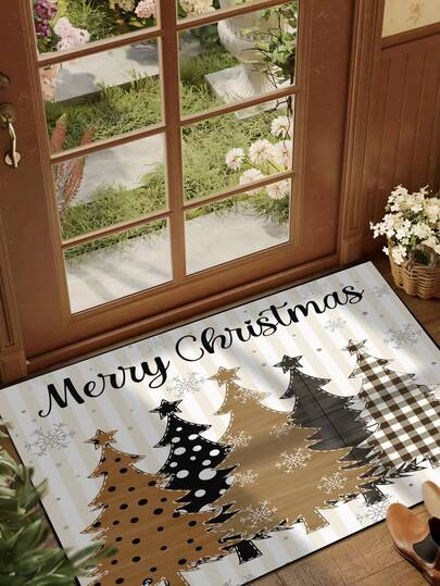 1 Peça Tapete de Chão com Estampa de Árvore de Natal Feliz Natal, Estilo Festivo Antiderrapante, Resistente ao Desgaste, Absorvente, Adequado para Sala de Estar, Quarto, Exterior, Decoração Diária, Uso em Todas as Estações