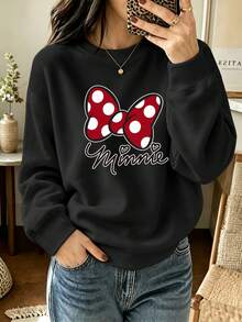 Disney Women's Plus-Size Casual Crew-Neck Long-Sleeve Sweatshirt, Featuring A Minnie Mouse Bow Print – A Sweet Style For Autumn And Winter - Black - View 1