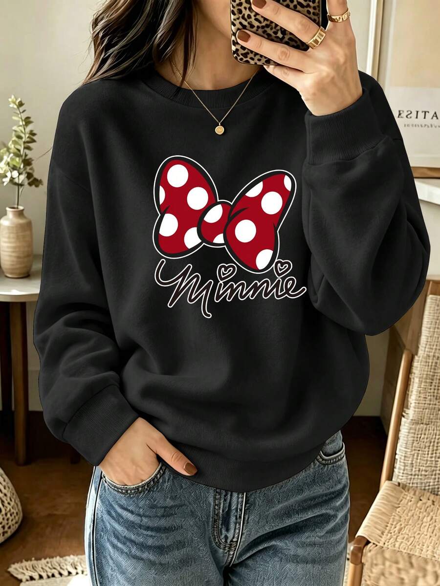 Disney Women's Plus-Size Casual Crew-Neck Long-Sleeve Sweatshirt, Featuring A Minnie Mouse Bow Print – A Sweet Style For Autumn And Winter - Black - View 1