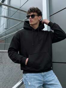 DAZY Men's Casual Versatile Rose Print Kangaroo Pocket Drawstring Hoodie, Autumn/Winter - Black - View 2