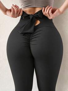 Quần legging yoga size lớn màu đen, thiết kế khoét lưng thắt nơ, nâng mông nhún, kiểm soát bụng, co giãn, quần tập gym Pilates mặc hàng ngày mùa thu - màu đen - Xem 2