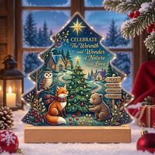 Acrylic Desktop Display With Wooden Base, Blue Winter Snowy Cabin, Fox, Deer, Snowman And English Slogan, Christmas Holiday Home Decor, Gift Idea - A - View 8