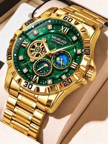 1pc Men's Yellow Angular Case Green Starry Sky Dial Moon Phase & Star Multi-Window Display Luxury Automatic Tourbillon Mechanical Wristwatch - Mouldless - View 13