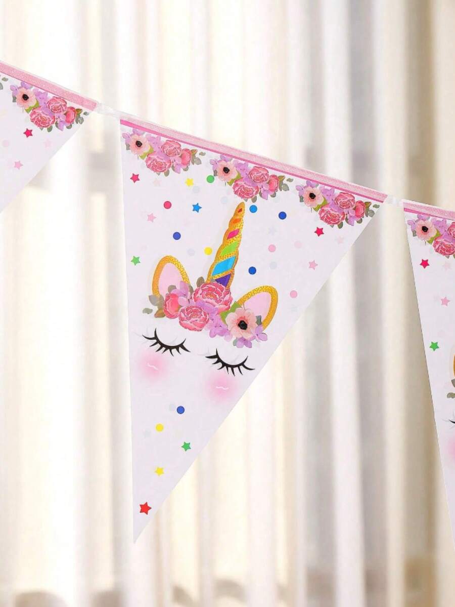 1pc Party Decoration Triangle Banner Pull Flag, Pink Flower Smiling Unicorn Pattern Unicorn Theme Pennant For Various Theme Parties And Daily Decoration - 1 - View 1