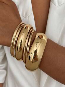 6pcs Minimalist Luxury Gold Stackable Open Bangle Bracelet Set, Exaggerated Design, Versatile Jewelry Gift For Women, Party, - Gold - View 2