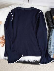 Sweet Elegant Women's Tie-Front Contrast Color Ruffle Sleeve Textured Slim Fit Sweater, Casual Party Holiday Top For Autumn/Winter - Navy Blue - View 7