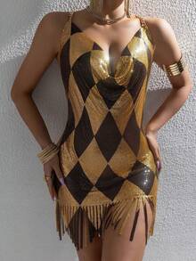 Women Short Dresses - Black and Gold - View 1