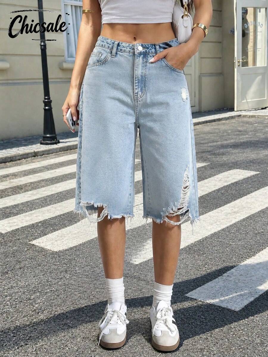 Women's Distressed Asymmetrical Hem Capri Length Jeans Casual Summer - Light Wash - View 1
