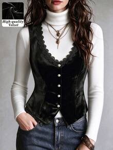 Women's Autumn/Winter Elegant Commute Holiday Inner/Outer Wear High-Quality Solid Color Lace Trim V-Neck Metal Four-Button Fitted Sleeveless Blazer - Black - View 2