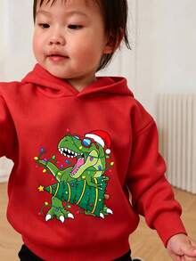 Boys Christmas Dinosaur Print Hoodie, Casual Long Sleeve Top - Red - View 2