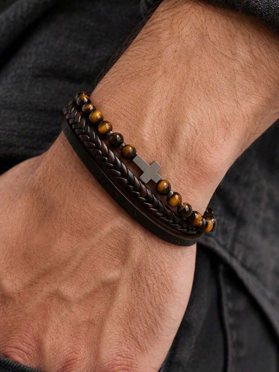 1pc Vintage Multi-Layer Braided Leather Bracelet With Natural Tiger Eye Round Beads And Cross Pendant, Unisex American Street Style Couple Layered Jewelry