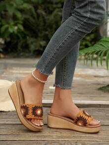 Women Crochet Lace Wedge Slide Sandals, Bohemian Open Toe Platform Slip On Summer Slippers - Orange - View 5