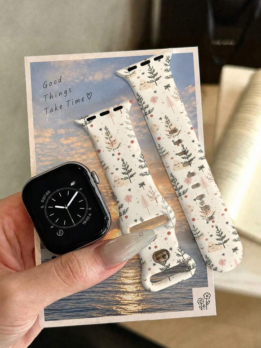 1件冬季森林圖案矽膠錶帶，適用於 38mm 40mm 41mm 42mm 44mm 45mm 46mm 49mm，時尚優雅柔軟舒適，適用於 Ultra 2 S12 11 10 SE 9 8 7 SE 6 5 4 3 2 1，適合聖誕節/新年穿搭智慧手錶錶帶 - 彩色 - 查看 1