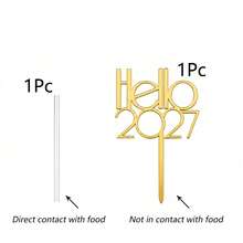 1件/3件/6件 金色 Hello 2027 壓克力蛋糕裝飾插牌，新年聖誕派對蛋糕裝飾用品 - 彩色 - 查看 37