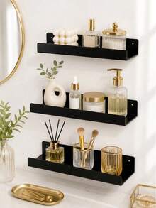 Black Wall-Mounted Bathroom Storage Rack Set, Plastic Floating Organizer Shelf For Skincare And Cosmetics, Space-Saving Bathroom Wall Storage Organizer, Minimalist Modern Home Decor - Multiple Styles - View 11