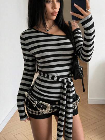 PEONY Women's Autumn Casual Commute Fashion Asymmetrical Shoulder Long Sleeve Tie-Up Black & Gray Striped Asymmetric T-Shirt, Suitable For Party, Gathering, Holiday, Birthday Party, Work Commute, Office, Beach Vacation, Beach, Daily Wear, Outdoor Street Photography, Music Festival