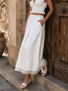 Aflion Elegant White Mid-Length Dress For Women, Woven Fabric With Exquisite Lace Trim, Perfect For Summer Occasions - White - View 3