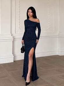 Fall, Sparkly Elegant Dress, Wedding Guest Dress, Party Dress, Suitable For Festivals, Birthdays, Beach, Vacation - Navy Blue - View 3