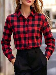 Women's Red Black Plaid Collared Long Sleeve Button Front Shirt Casual Home Office Work Daily Vintage Top Spring Summer Fall Winter - Red and Black - View 10