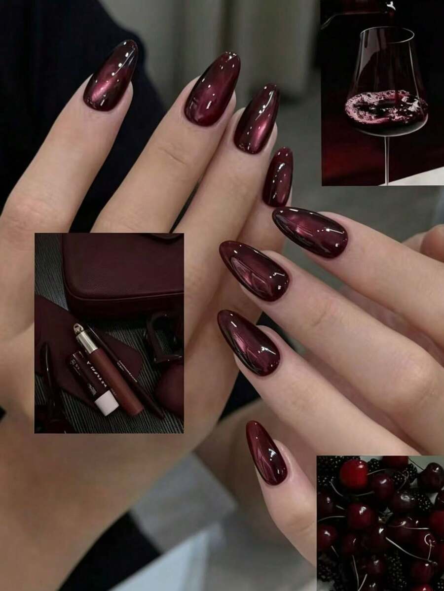 30pcs Style Long Almond Burgundy Cat Eye Press-On Nails, Brown Crystal ...