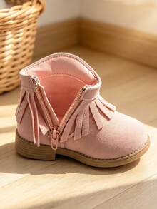 Kids Vintage Pink Fringe Ankle Boots, Suede Side Zip Booties With Chunky Heel, Sweet Autumn Winter Shoes - Pink - View 4