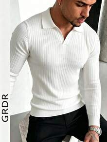 GRDR Men's Autumn/Winter Knit Sweater, Turn-Down Collar Solid Color Long Sleeve, Suitable For Summer Outings, Fashion Essential - White - View 3