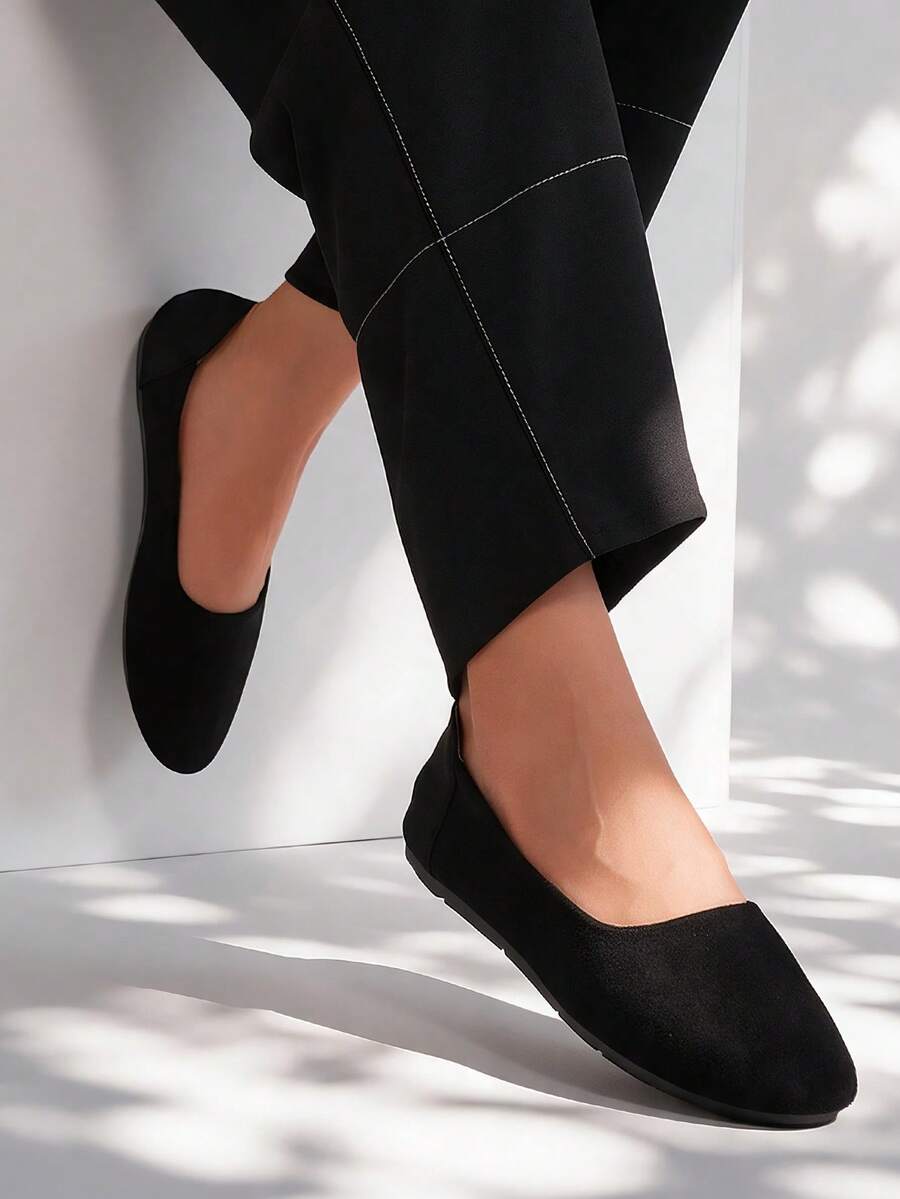 Classic Black Round Toe Flat Women's Shoes, Extra Wide Fit, Soft Fabric Material For More Comfort - Black - View 1