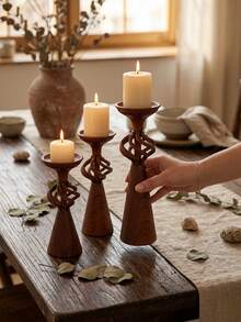 3Pcs/2Pcs/1Pc Wood Grain Metal Candle Holder Set, Modern Pillar Candle Stands, Sculptural Candlestick Holders, Rustic Home Decor, Farmhouse Decor, Boho Table Centerpiece, Living Room, Dining Table, Wedding, Christmas Decor, Housewarming Gift. - Vintage Design - View 7